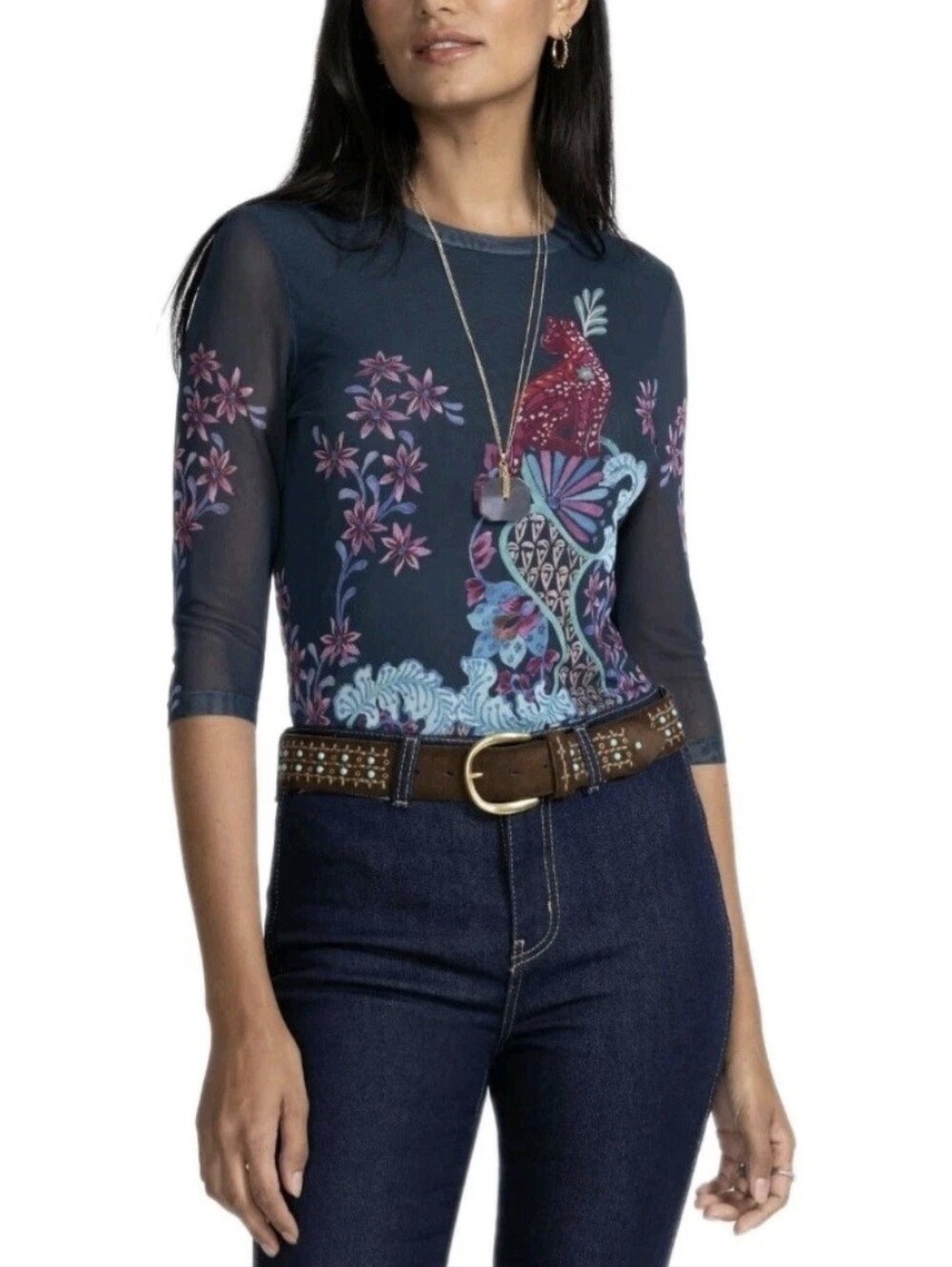 Johnny Was Natalie Blouse Navy Multi Mesh T Shirt Size XS NEW